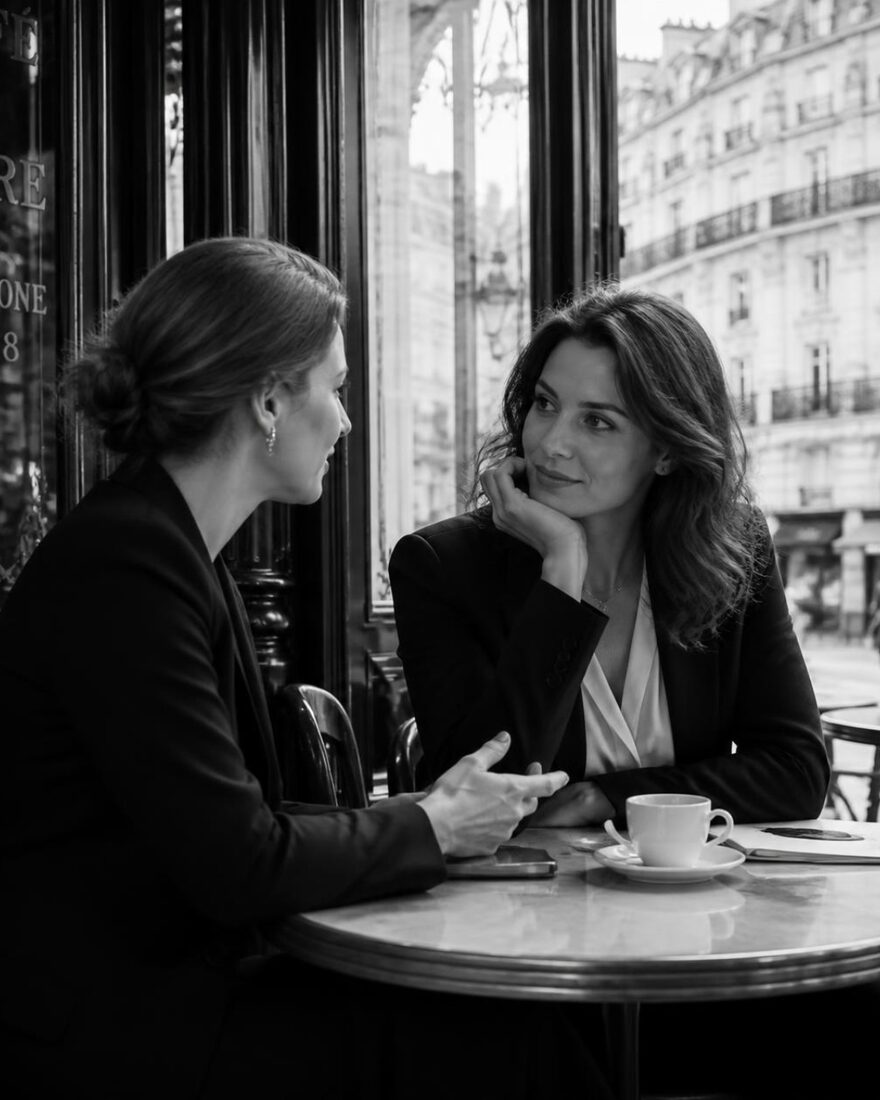 Two businesswomen in conversation over coffee